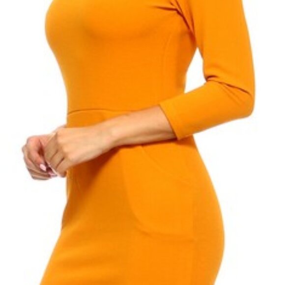 Kangaroo Pockets Solid Red Bodycon Midi Dress Casual Church Office 7/8 Sleeves - Picture 5 of 5